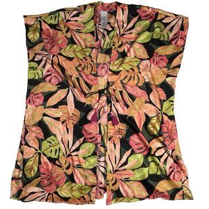 Chicos Palm Print Kimono Cover Up Tassel Tie Tropical Boho Top Sz S/M